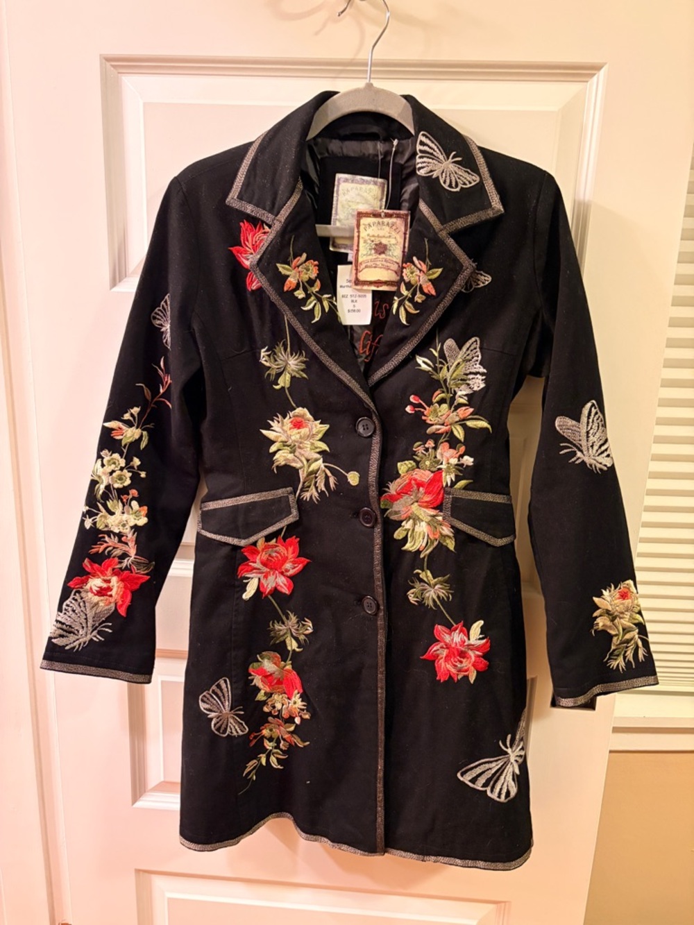 paparazzi Black Trench Coat with Red & Green Floral Embroidery